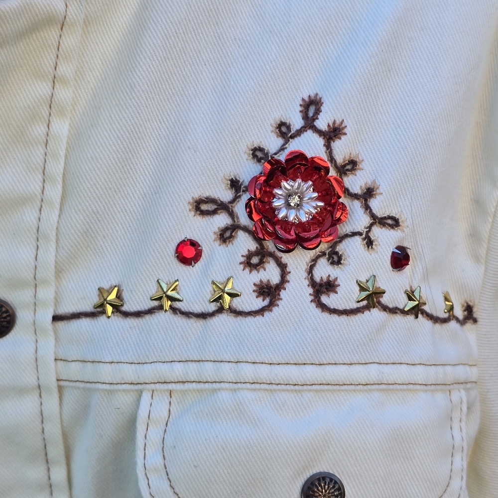 Western Jacket Womens Medium White Embroidered Floral Sequin Stud Button Up - Picture 5 of 16